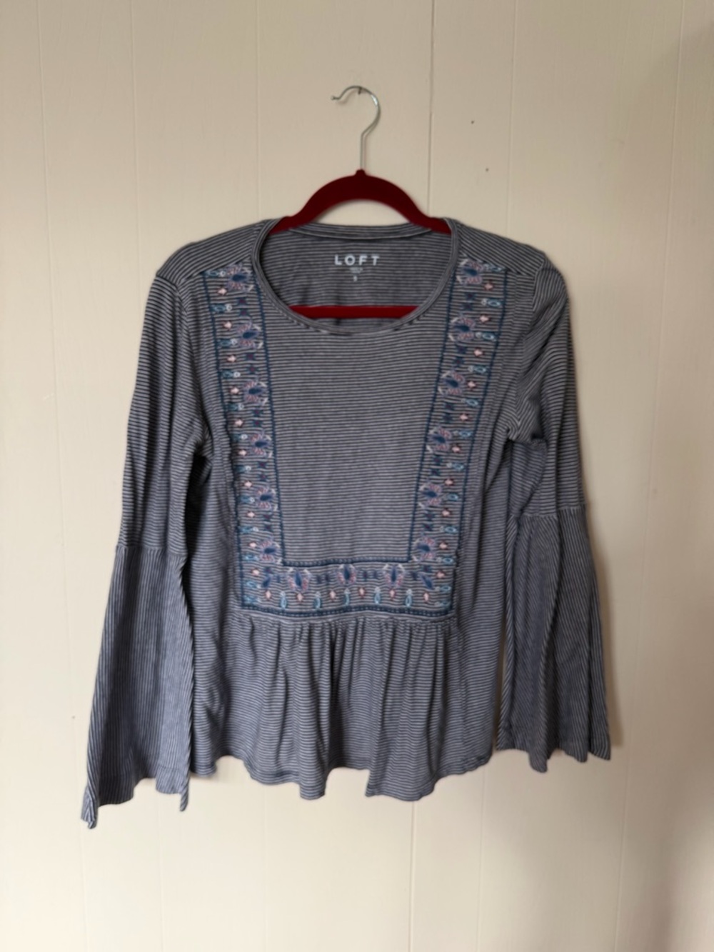 LOFT Blue & White Striped Embroidered Peasant Blouse